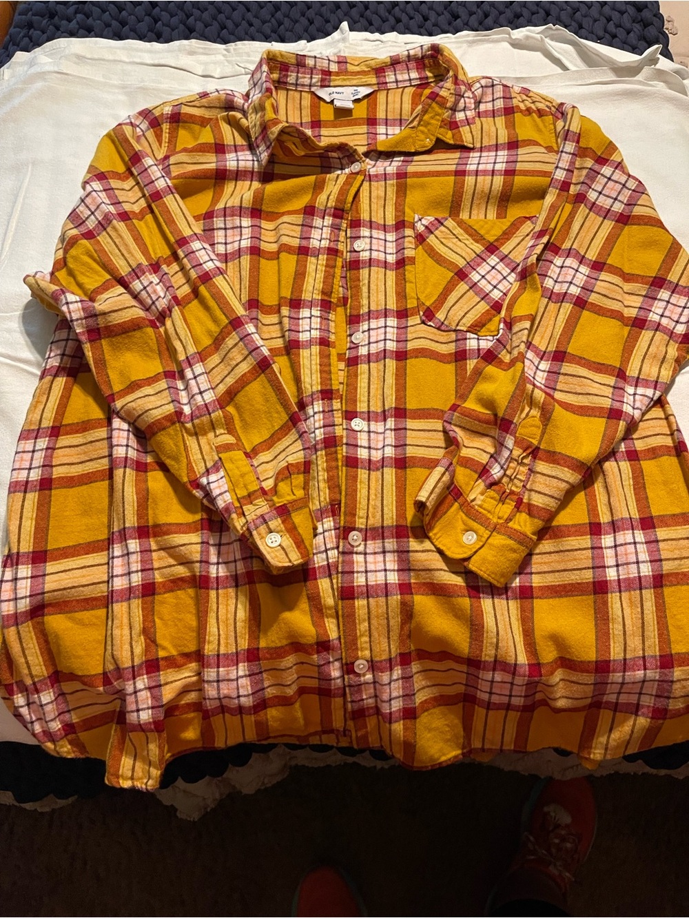 Yellow Plaid Button-Up Flannel Shirt with Pink & Cream Accent